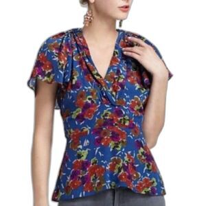 Anthropologie Girls From Savoy Dayflower Blue Multi Floral SS Silk Blouse Size 4